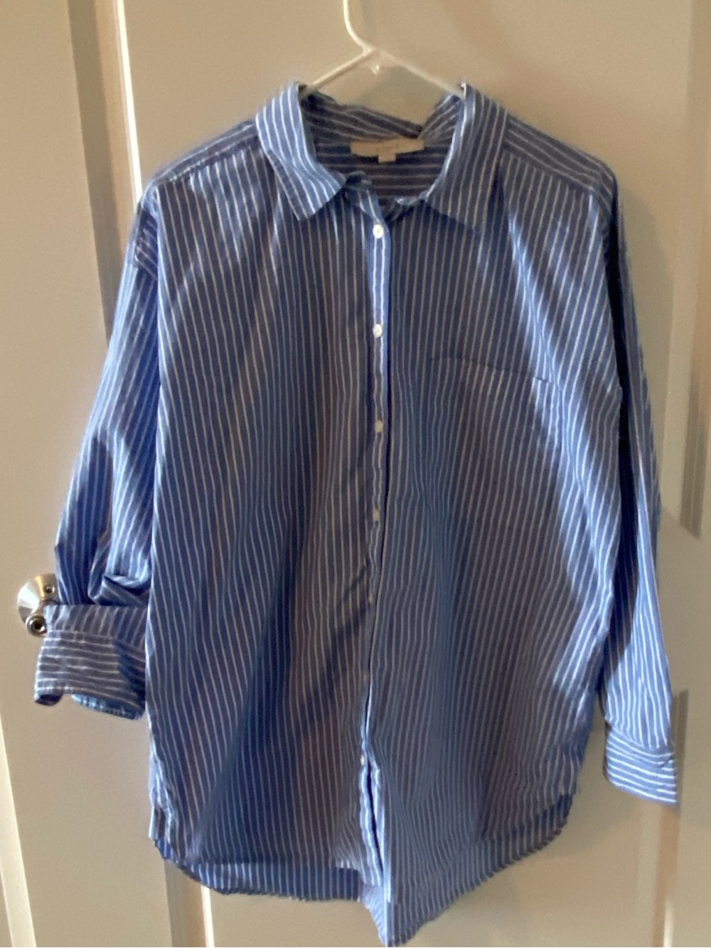 LOFT Blue and White Striped Button-Down Shirt